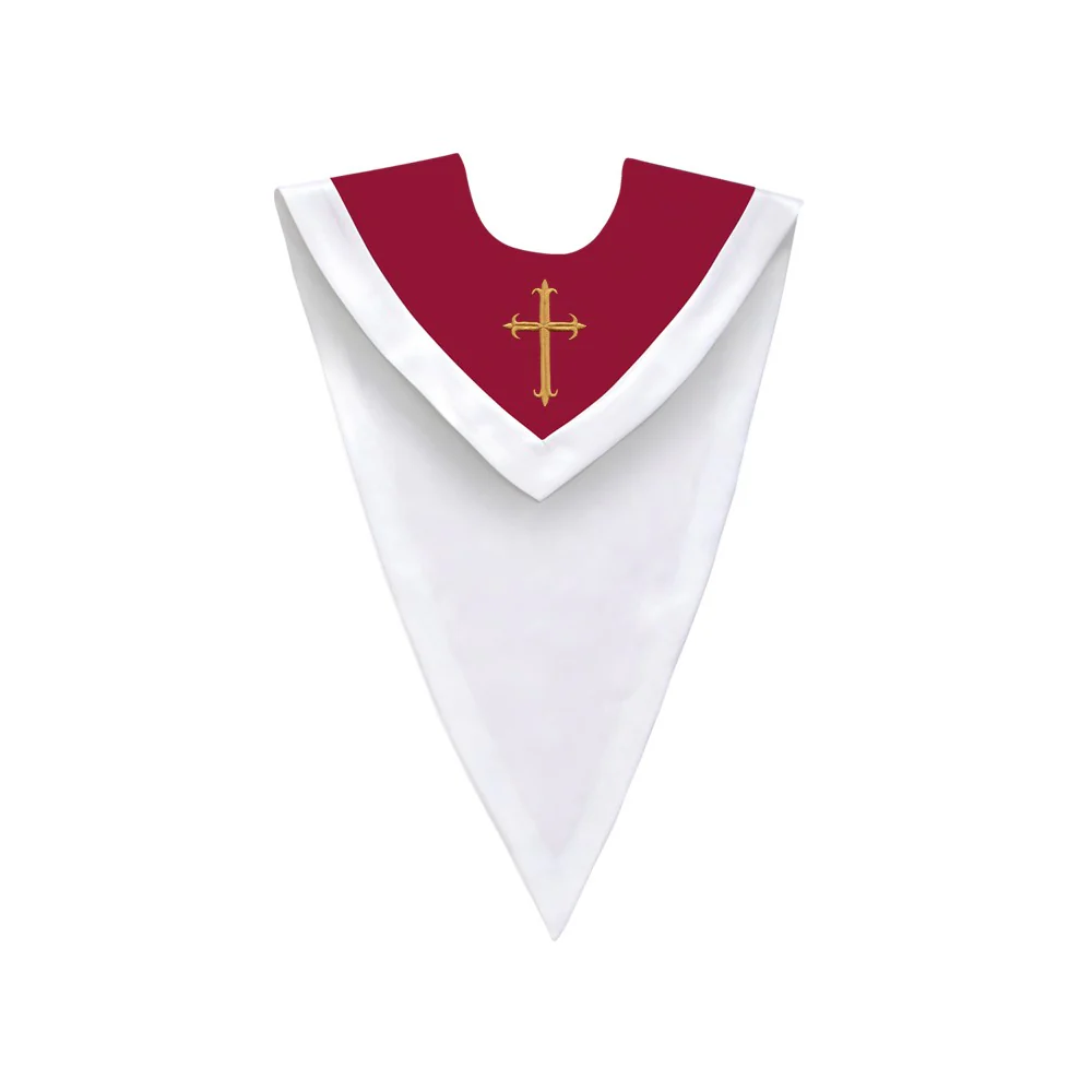 Maroon/White V-Neck Choir Stole with Cross